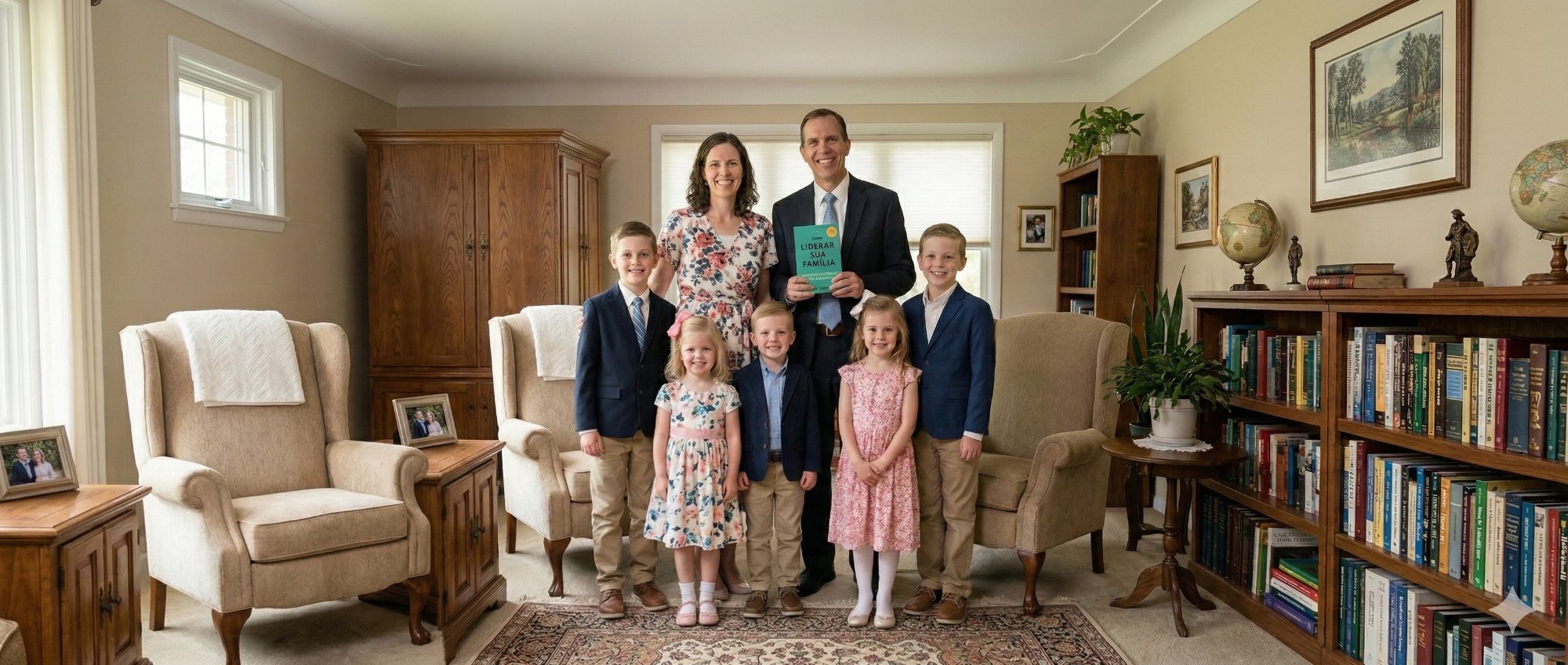 Família cristã com o livro Como Liderar Sua Família